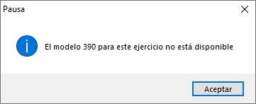 Aviso de que el modelo 390 no está disponible en ClassicConta.