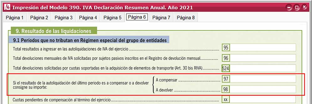 Ver la autoliquidación a compensar y a devolver en el modelo de Hacienda 390 de ClassicConta.