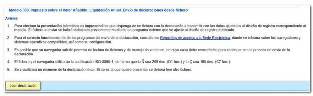 Leer declaración para la presentación del modelo 390 en la web de la Agencia tributaria.