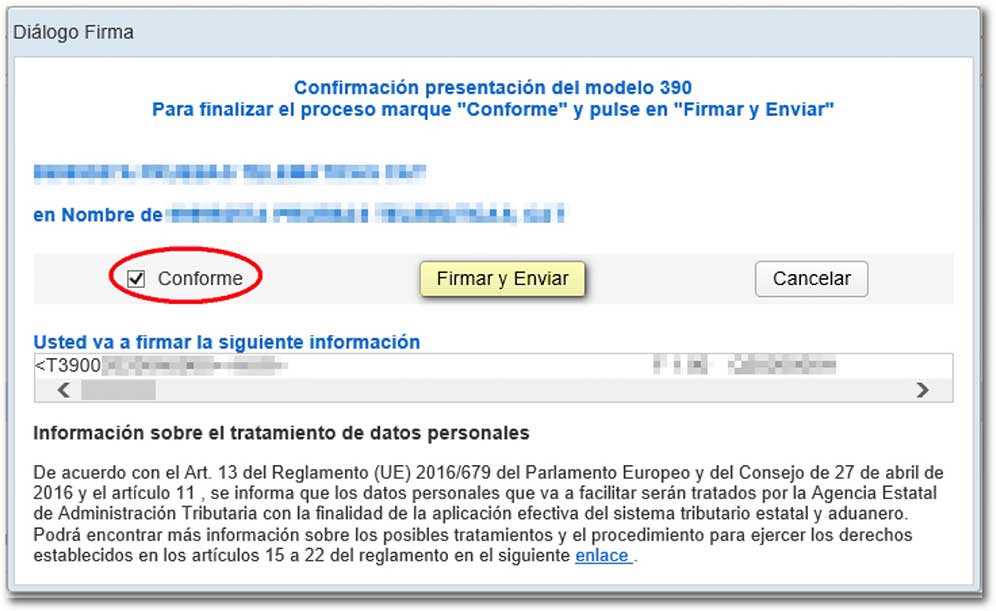 Dar conformidad para la presentación del modelo 390 en la web de la Agencia tributaria.