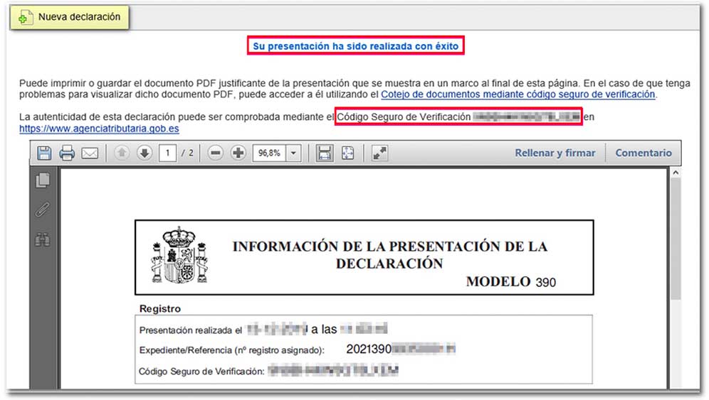 Presentación del modelo 390 en la web de la Agencia tributaria realizada con éxito.