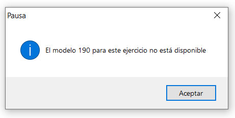 Aviso de que el modelo 190 no está disponible en ClassicConta.