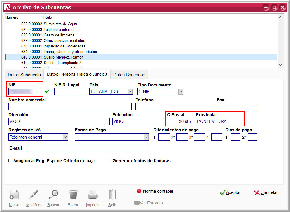 Datos de persona física o jurídica de subcuenta en ClassicConta.