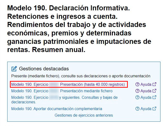 Presentación del modelo 190 de Hacienda en la web de la Agencia tributaria.