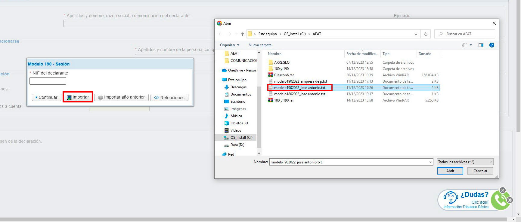 Importar archivo para la presentación del modelo 190 en la web de la Agencia tributaria.