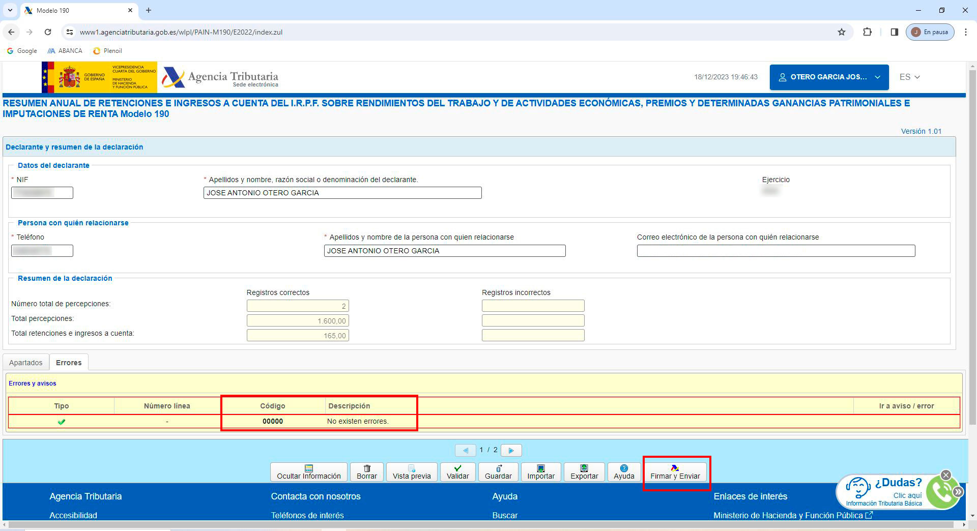 Verificar datos en la presentación del modelo 190 en la web de la agencia tributaria.