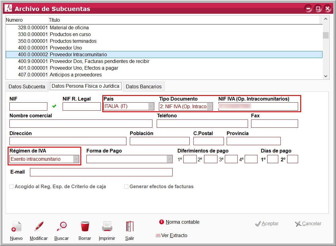 Datos de persona física o jurídica de subcuenta de proveedor intracomunitario en ClassicConta.
