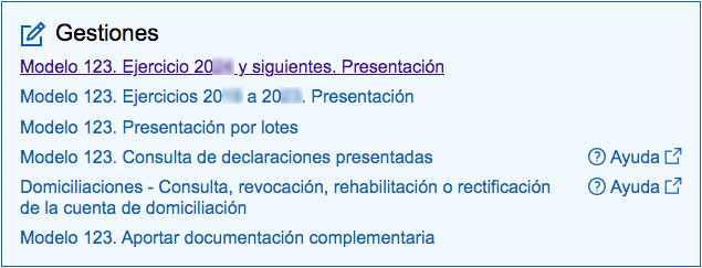 Apartado Gestiones en sitio web AEAT