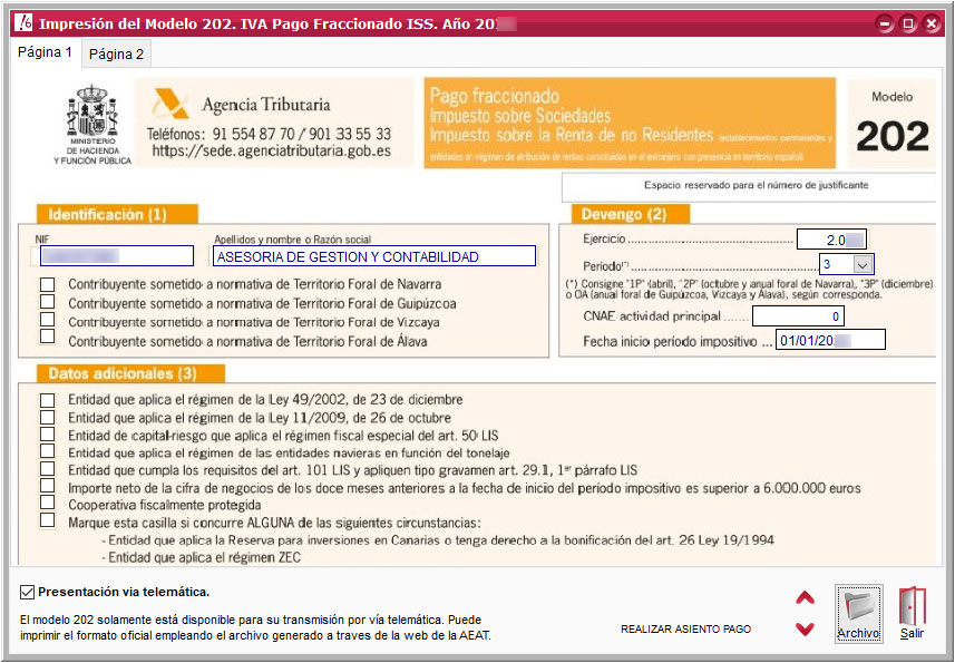 Ventana Impresión del Modelo 202 en ClassicConta