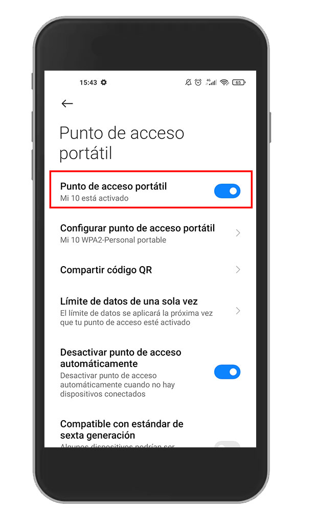 En pantalla Punto de acceso portátil de iPhone, conmutador Punto de acceso portátil activado.