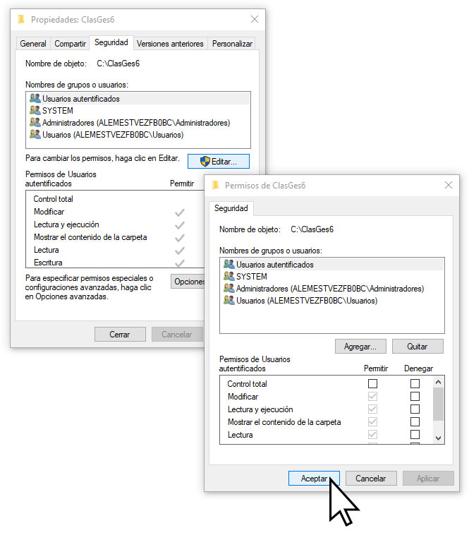 Configurar permisos de ClassicGes.