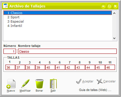 Dar de alta tallajes en ClassicGes.