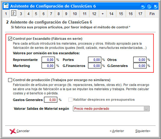 Configurar el control por escandallo en ClassicGes.