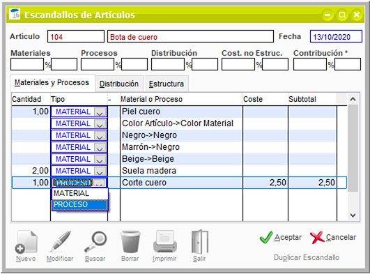 Seleccionar tipo de componente en el escandallo de un artículo en ClassicGes.