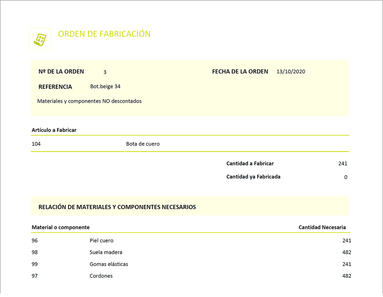 Documento orden de fabricación de ClassicGes.