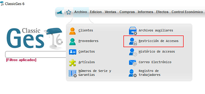 Menú restricción de accesos en ClassicGes.