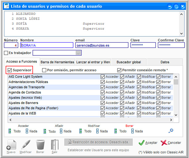 Usuario supervisor en ClassicGes.