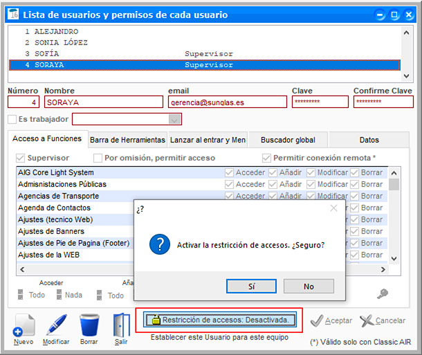 Activar la restricción de accesos en ClassicGes.
