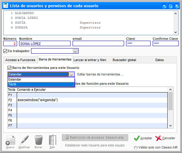 Seleccionar un tipo de barra de herramientas por usuario en ClassicGes.