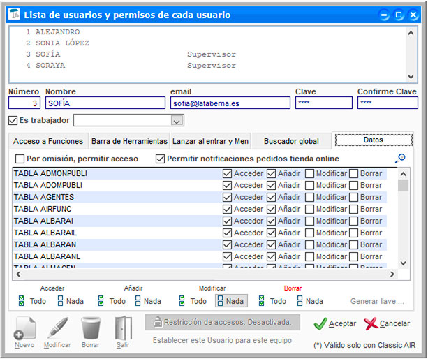 Configurar los permisos por usuario en ClassicGes.