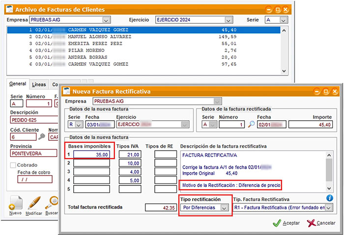 Datos de una factura rectificativa en ClassicGes.