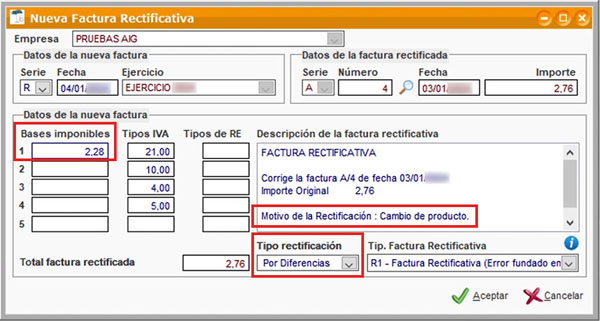 Datos de factura rectificativa por cambio de producto en ClassicGes.
