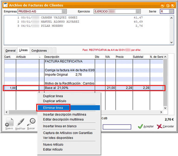 Eliminar línea para modificar el stock de una factura rectificativa por cambio de producto en ClassicGes.