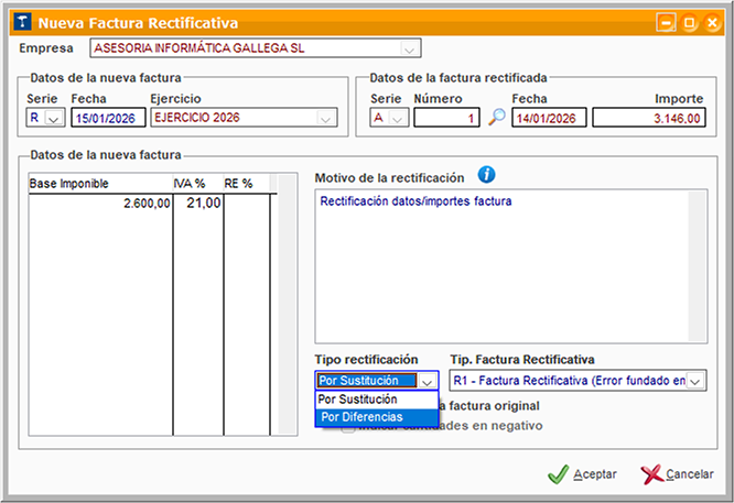 Ventana Nueva Factura Rectificativa en ClassicGes.