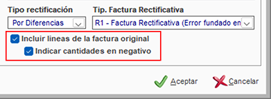 Fragmento de la ventana Nueva Factura Rectificativa en ClassicGes.