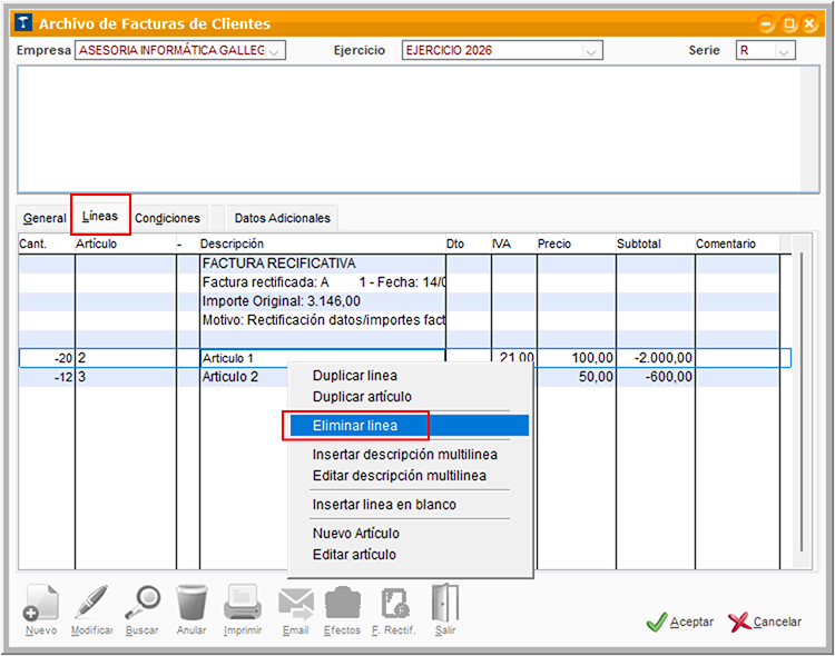 Ventana Archivo de Facturas con ventana contextual Eliminar línea de Clientes en ClassicGes.