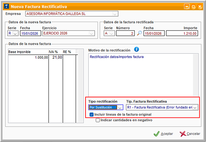 Ventana Nueva Factura Rectificativa en ClassicGes.
