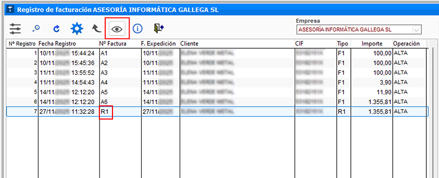 Ventana Registro de facturación en ClassicGes.