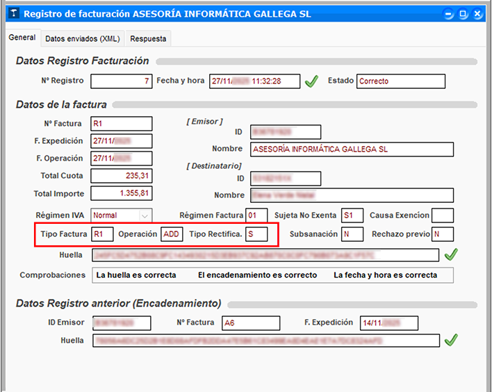 Ventana Registro de facturación, Tipo Factura en ClassicGes.