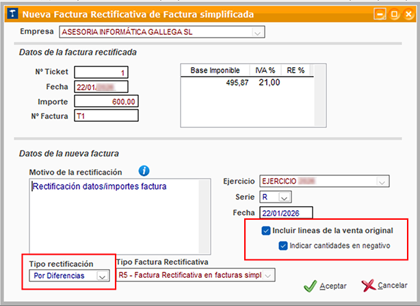 Ventana Nueva Factura Rectificativa de Factura simplificada en ClassicGes.