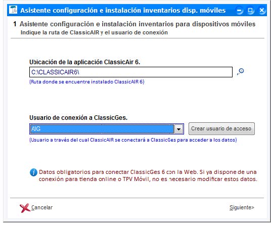Asistente de configuración e instalación de inventarios desde dispositivo móvil de ClassicGes.