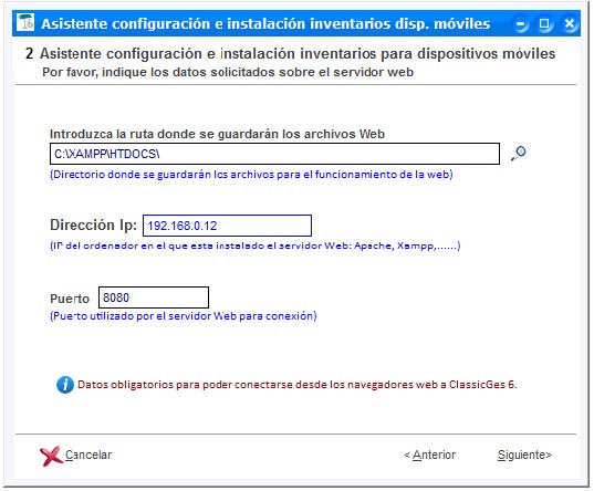 Indicar la ruta, la IP y el puerto de entrada para la instalación del inventario móvil en ClassicGes.