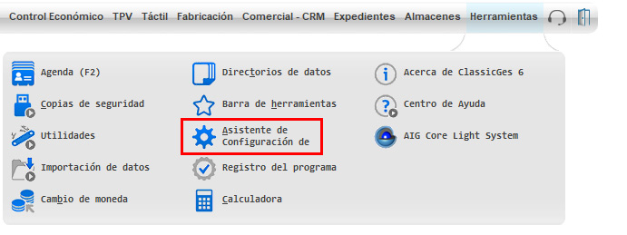 Menú asistente de configuración de ClassicGes.