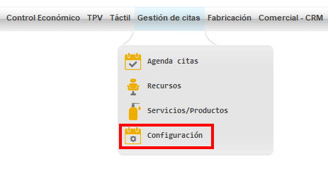 Menú configuración de gestión de citas de ClassicGes.