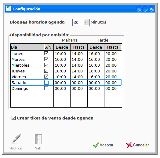 Configuración de los rangos horarios semanales para la gestión de citas en ClassicGes.