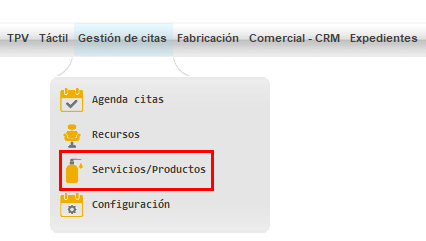 Menú servicios/productos para la gestión de citas de ClassicGes.