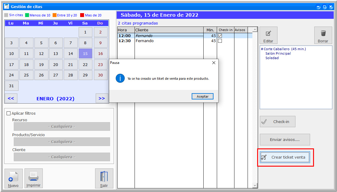 Crear ticket de venta en el momento de agendar la cita desde ClassicGes.