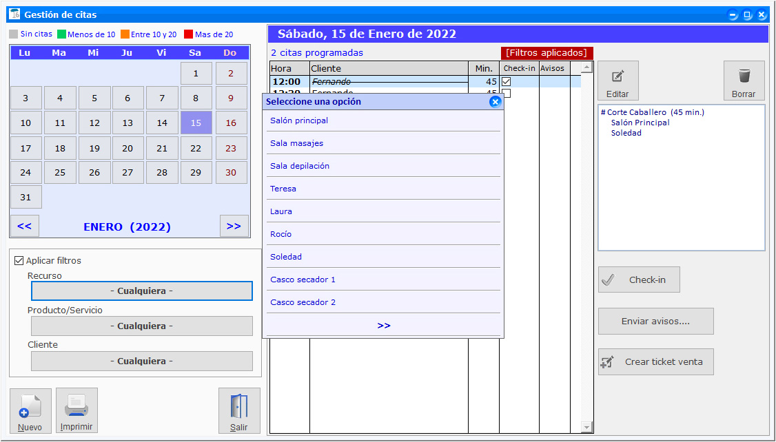 Buscar recursos, productos o clientes en el calendario de citas de ClassicGes.