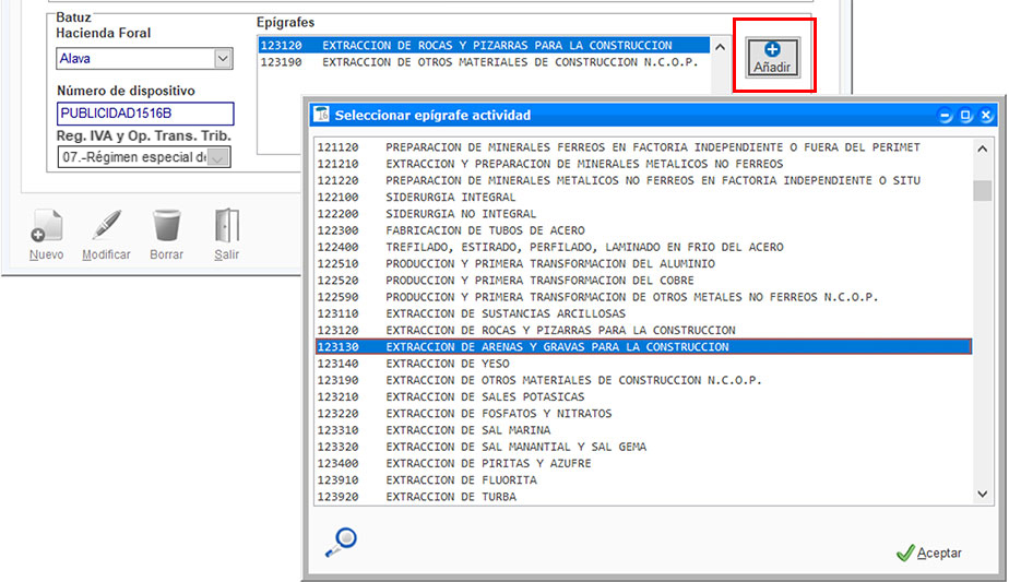 Seleccionar el epígrafe de la actividad para la facturación TicketBAI en ClassicGes.
