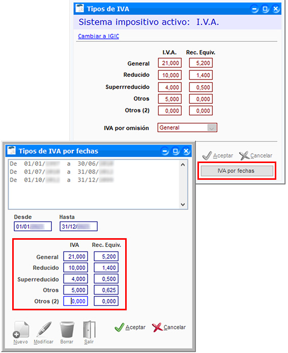 Tipos de IVA por fechas en ClassicGes.