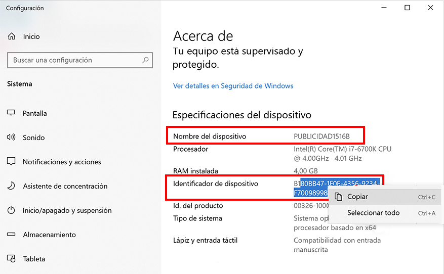 Copiar el número identificador de dispositivo en el equipo.