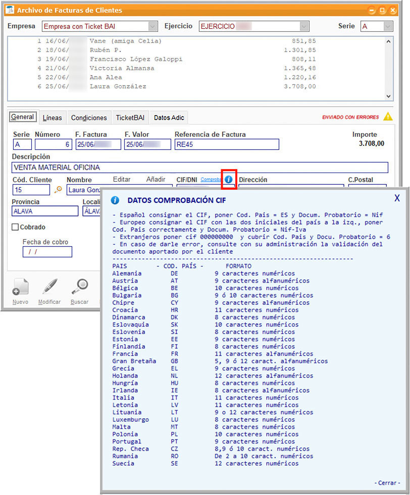 Datos de comprobación del CIF en ClassicGes.