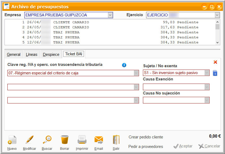 Archivo de presupuestos con TicketBAI en ClassicGes.