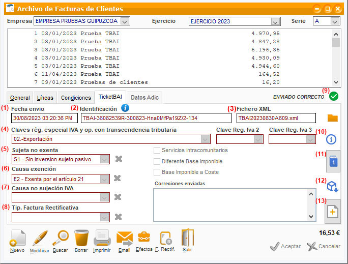 Partes de la factura con TicketBAI en ClassicGes.