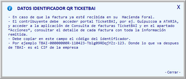 Datos del identificador de código QR con TicketBAI en ClassicGes.