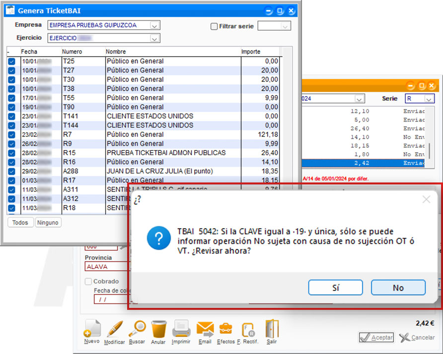 Aviso de error al generar facturas con TicketBAI en ClassicGes.